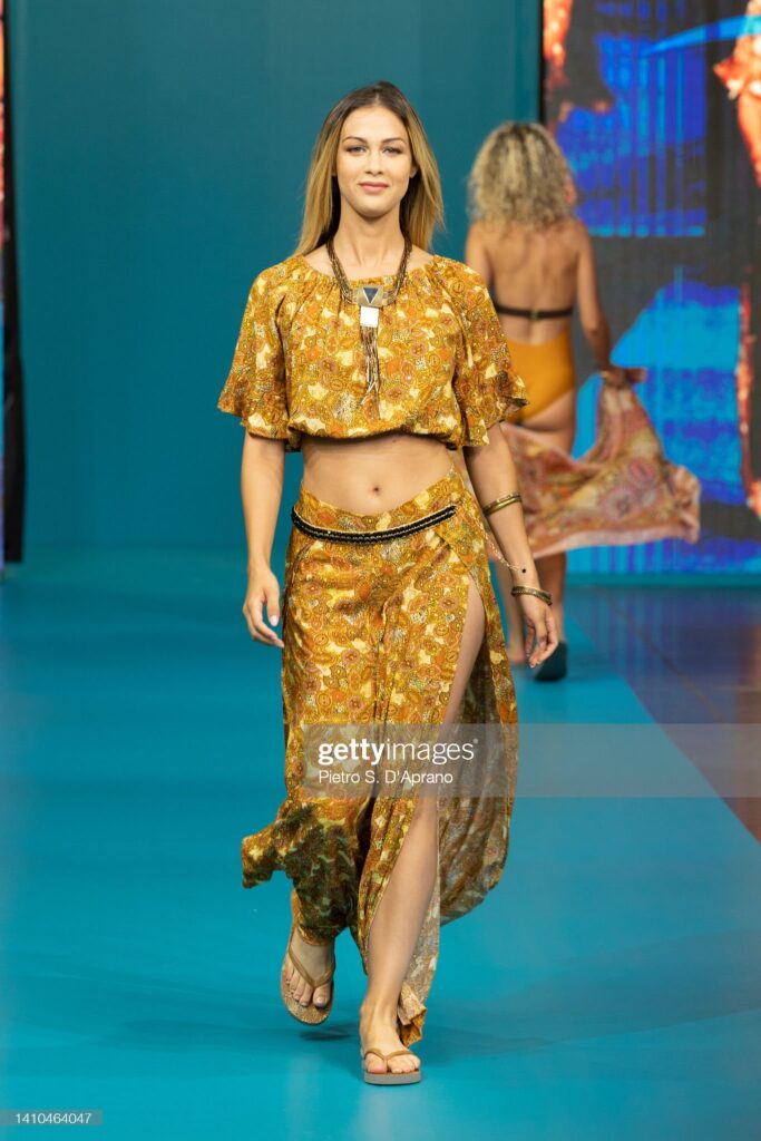 FLORENCE, ITALY - JULY 23: A model walks the runway for Giadamarina during the Maredamare  2022 Swimwear International Fashion Shows at Fortezza Da Basso on July 23, 2022 in Florence, Italy. (Photo by Pietro S. D'Aprano/Getty Images)