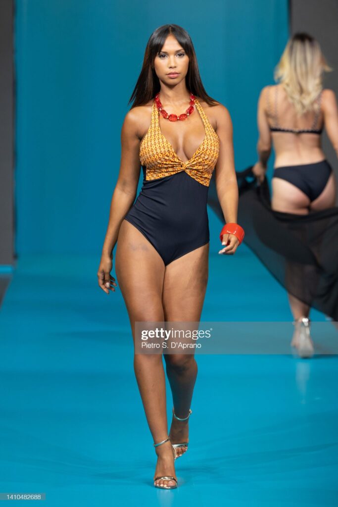FLORENCE, ITALY - JULY 23: A model walks the runway for Haideah during the Maredamare  2022 Swimwear International Fashion Shows at Fortezza Da Basso on July 23, 2022 in Florence, Italy. (Photo by Pietro S. D'Aprano/Getty Images)